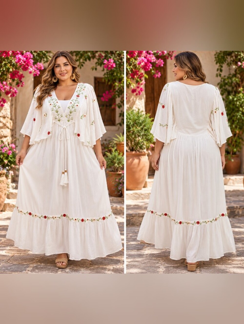 sweet magnolia embroidered boho maxi dress white floral tassel tie waist xxl